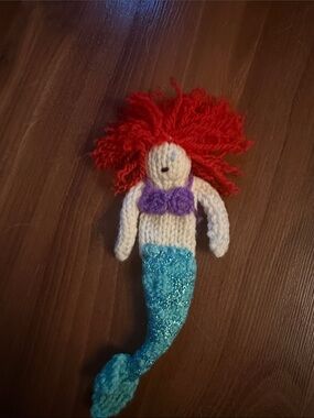 Handknit Red-Haired Mermaid Doll with Turquoise Tail